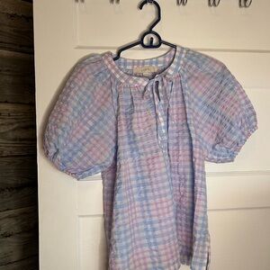 LOFT Pastel Checkered Puff Sleeve Top